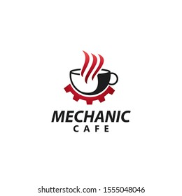 logo mechanic cafe, with cup and gear coffee vector
