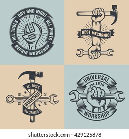 Logo mechanical repair shop in vintage style. Hands with tools.