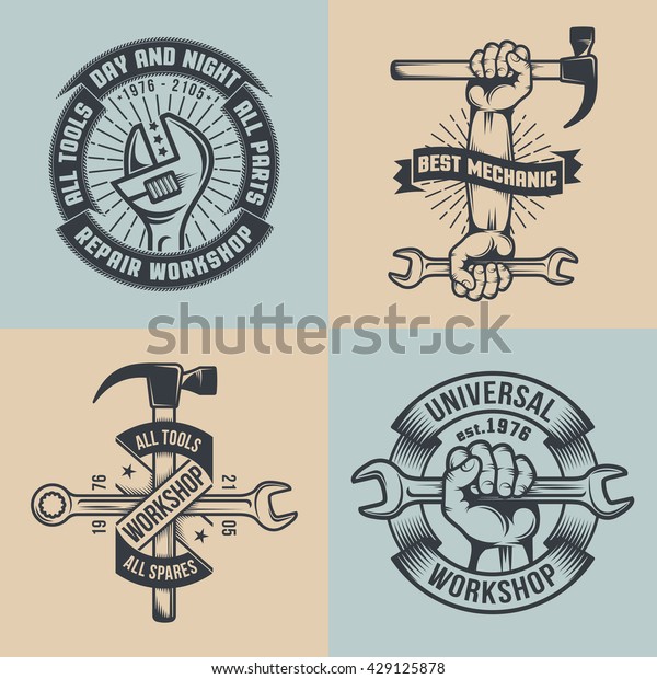 Logo mechanical repair shop in vintage style.
Hands with tools.