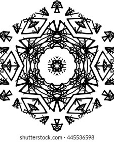 Logo Medallion. Ethnic lace doily ornament. Hand drawn mandala. Orient traditional background. Lace circular ornament. Indian, islamic, asian, ottoman arabic motif. Black white hexagon mandala grunge
