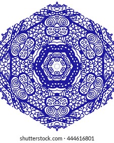 Logo Medallion. Ethnic lace round ornament. Hand drawn indigo mandala. Orient traditional background. Henna mehndi design element. Lace circular ornament. Indian, islamic, asian, ottoman arabic motif 
