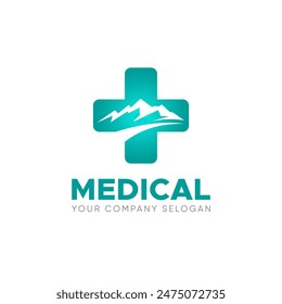 logo diseño médico sanitario símbolo de Vector cruz en ilustración de ícono de montaña