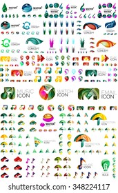 Mega-Logokollektion, abstrakter geometrischer Business-Icon-Satz. Blätter, Schirmschutzkonzepte, Musiktitel, Glühbirnen-Idee, E-Mail und andere