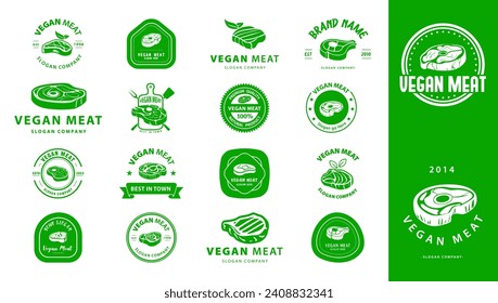 Logo-Mega-Kollektion. vegetarisches Fleisch Premium Logo. Pflanzenbasiertes Fleisch-Logo. Veganisches Steak mit Blatt-Vektordesign. Veganisches Fleisch aus Pflanzen.