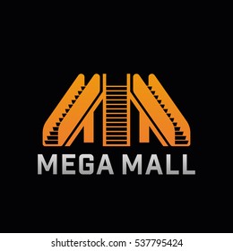 Logo of Mega Mall shop. Template logo of offline shop company with escalator. Vector symbol.