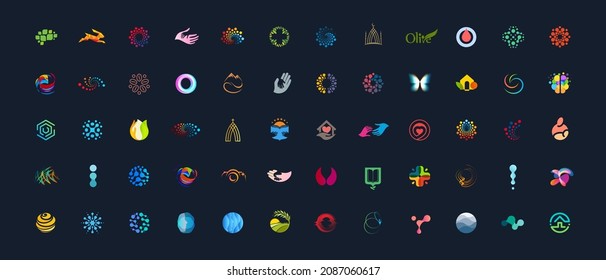Logo Mega Set for business, sport, or nature symbol. Logotype big collection for technology, science, and medicine. Sign for education, religion, art, and photo. Abstract minimalist idea design.