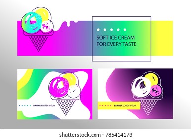 Logo in menu for different kind cold sweet. Modern gradient banner design template. Sketch vector illustration. Freehand drawn sweet ice cream cone. Color image for a party, shop, cafe, restaurant