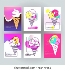 Logo in menu for different kind cold sweet. Color image for a party, shop, cafe, restaurant. Freehand drawn sweet ice cream cone. Modern gradient banner design template. Sketch vector illustration.
