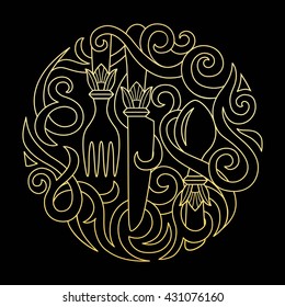 Logo for menu Italian restaurant. Stylized image of a plate of pasta on a fork, spoon, knife. Advertising tasty, useful food. Elegant style. Line art. Zentangle vector. simple composition in circle.