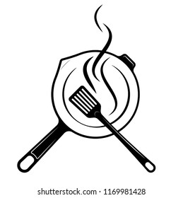 Logo for the menu or restaurant. Frying pan and shovel for frying. Black-and-white drawing
