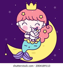 Logo Mermaid princess cartoon hug fairy unicorn vector kawaii fish animal. Series fairytale Beautiful character sweet dream on moon(Girly girl) cute vector. Hand drawing Illustration for kids fashion.