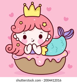 Logo Mermaid Princess Cartoon On Birthday Cake Party Kawaii Fish Animal. Series Fairytale Beautiful Character Sweet Dream (Girly Girl) Cute Vector. Hand Drawing Illustration For Kids Fashion Artworks.