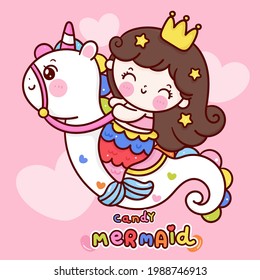 Logo Mermaid princess cartoon ride unicorn sea horse vector kawaii fish animal Pony child. Series fairytale Beautiful character (Girly girl) cute candy color. Hand drawing Illustration for kids.