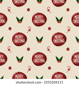 Logo Merry Christmas so cute. On mistletoe candy cane flower background. Pattern seamless vector illustration. 
