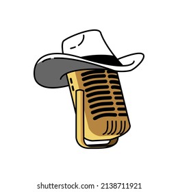 Logo of microphone wearing cowboy hat. It can be used as mascot. Suitable for media related business.