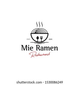 Logo mie ramen, simple clean vintage design, culinary business menu of noodles