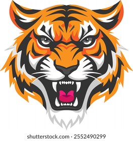 Logo para parche militar, cabeza de tigre enojado sin contorno. Impresión e icono de tigre valiente.