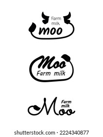 Logo for milk farm. Labels for dairy production. Milk logo set with cow horns, ears and tail. Vector logo for dairy products

