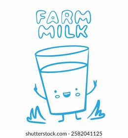 Logo for milk packaging, dairy farm with a glass of milk and inscription, character design milk with a smile