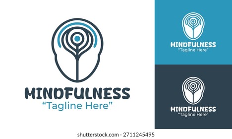 Logo mindfulness berfokus pada paz interior untuk layanan autocuidado, meditasi, dan pelatihan mental moderno.