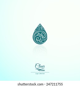 Logo Mineral Natural Clear Water. Ornate Water Drop Icon