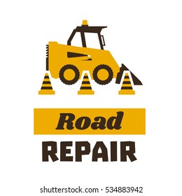 Logo mini loader, road repair. Asphalt processing works. Construction machinery. Traffic cone. Vector illustration. Flat style 