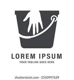 A logo with a minimalist design featuring a bucket silhouette with a hand element on top. This symbol is suitable for cleaning service companies, social organizations.