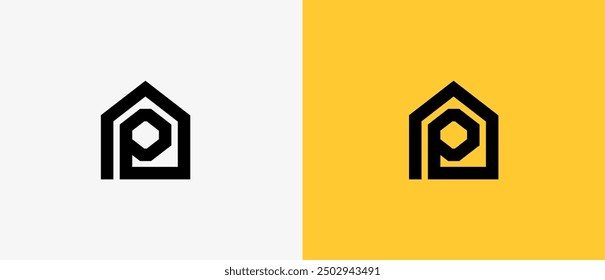 Logo Minimalist house or home and letter P in iconic pictogram, residence, building, real estate, agency, rent. Editable file