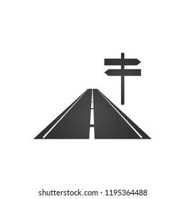 logo of a minimalistic road with a roadside and a dotted dividing strip with direction signs. Vector illustration isolated on white background.