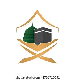 Logo of the Ministry of Hajj and Umrah - Kaaba vector and the green dome of the Prophet's Mosque in Medina 