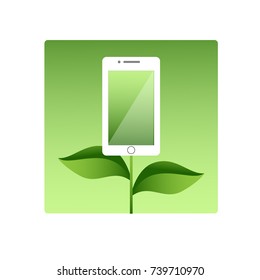 Logo Mobile phone, tablet, laptop grows on a stem with leaves. Icon, emblem for the company of mobile engineering. Eco Vector illustration.
