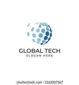 Logo der modernen digitalen Technologiewelt, globaler oder technologischer Planet und Schutz der digitalen Technologien. Logo mit Vektorkonzept.