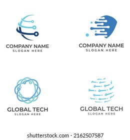 Logo del mundo moderno de la tecnología digital, planeta global o tecnológico, y protección de la tecnología digital. Logotipo con concepto vectorial.