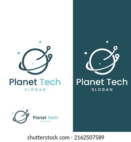 Logo del mundo moderno de la tecnología digital, planeta global o tecnológico, y protección de la tecnología digital. Logotipo con concepto vectorial.