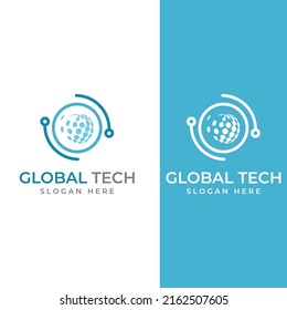 Logo del mundo moderno de la tecnología digital, planeta global o tecnológico, y protección de la tecnología digital. Logotipo con concepto vectorial.