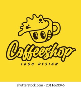 Logo for modern and fun coffee shop. Logo for bar. Funny illustration in line art. Coffee, tea or chocolate cup vector. Animated mug like a cartoon. Funny expression