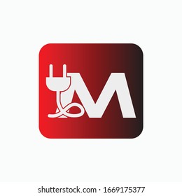 logo modern letter m with icon electric plugs vector design