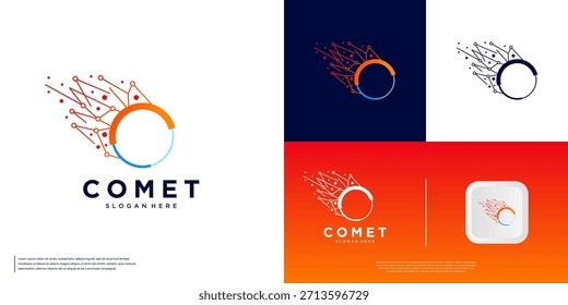 Logo de una cadena molecular con forma de cometa abstracta, educación espacial, investigación, objetos misteriosos, Plantilla gráfica de Vector.