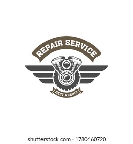 The logo of Monochrome car repair services and motorized vehicles is arranged with mechanical devices and equipment in isolated vector illustrations.