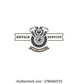 The logo of Monochrome car repair services and motorized vehicles is arranged with mechanical devices and equipment in isolated vector illustrations.