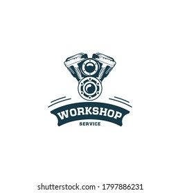 The logo of Monochrome car repair services and motorized vehicles is arranged with mechanical devices and equipment in isolated vector illustrations.