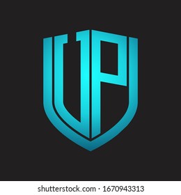 Monograma UP con diseño de escudo de emblemas aislado con colores azules sobre fondo negro