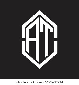 AT Logo monogram with hexagon shape and outline slice style with black and white