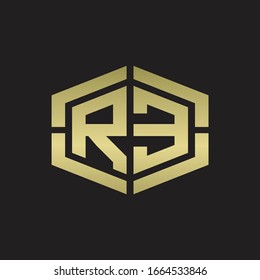 RE Logo monogram with hexagon shape and piece line rounded design tamplate on gold colors