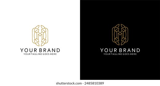 A logo monogram with the letter M a combination of square shapes and monoline circles gives a simple impression of luxury, elegance and minimalism