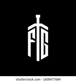logo monogram with sword element ribbon design template