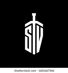 logo monogram with sword element ribbon design template