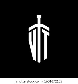 logo monogram with sword element ribbon design template