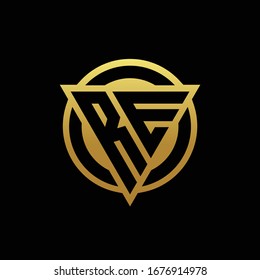 RE logo monogram with triangle shape and circle rounded style isolated on gold colors and black background design template