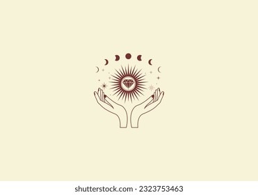 Logo Moon and Hands, Astrology, spiritual. Aesthetic and feminine, simple line and luxury modern. editable color.